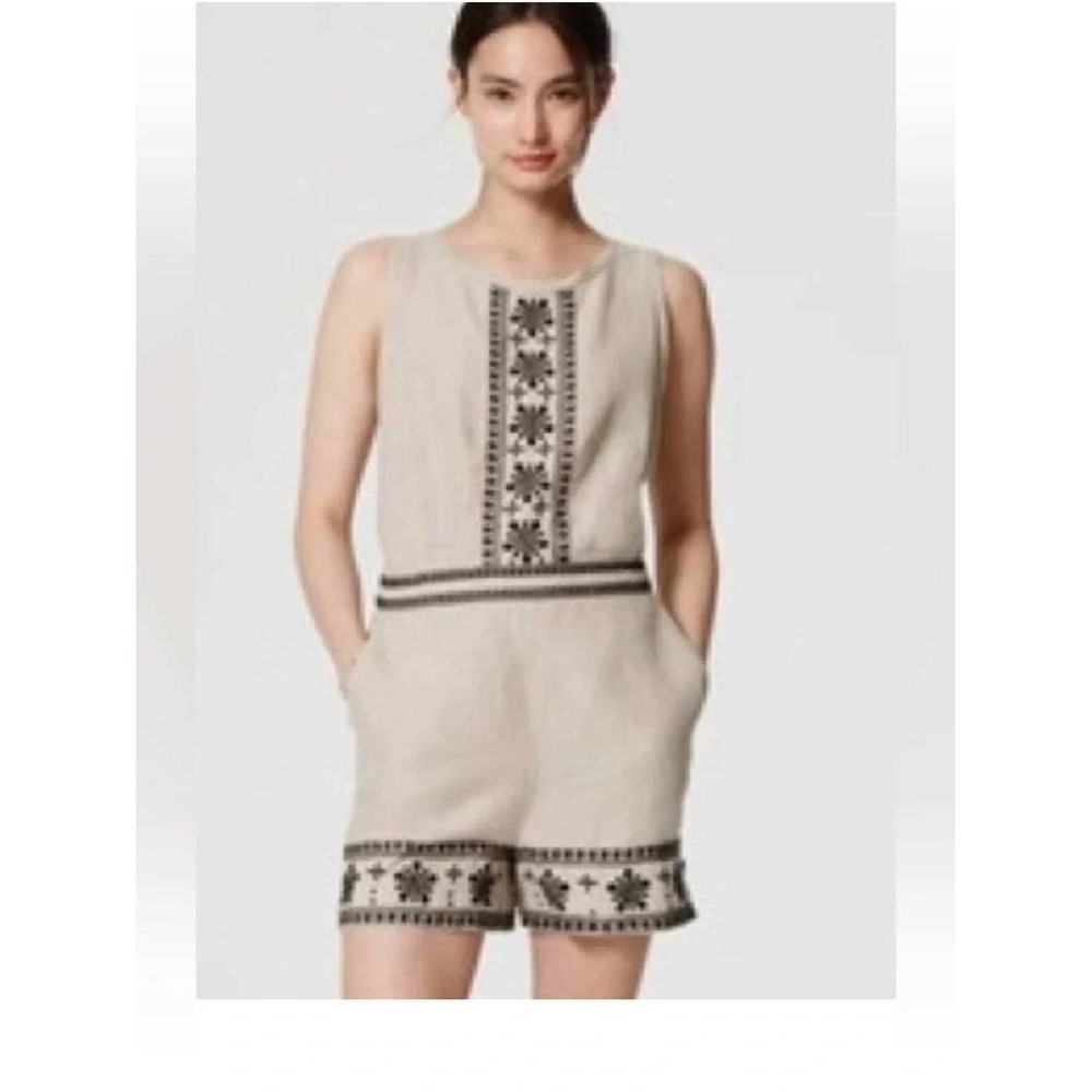 Ann Taylor LOFT Tan Linen Embroidered Sleeveless Romper Size 6